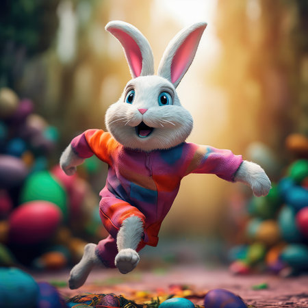 Concept illustration of a big and cute Easter bunny runs through a fantastic magical world decorated with Easter eggs. Generative AIの素材