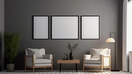 Concept illustration of a modern living room with a picture frame on the wall. Generative AIの素材