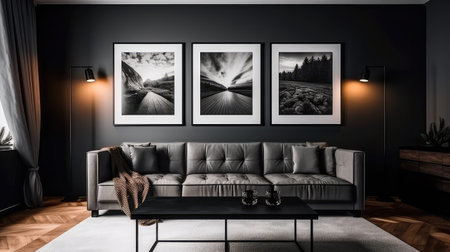 Concept illustration of a modern living room with a picture frame on the wall. Generative AIの素材