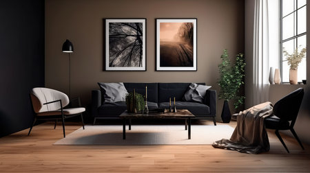 Concept illustration of a modern living room with a picture frame on the wall. Generative AIの素材