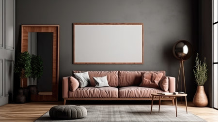 Concept illustration of a modern living room with a picture frame on the wall. Generative AIの素材