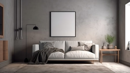 Concept illustration of a modern living room with a picture frame on the wall. Generative AIの素材