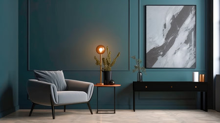 Concept illustration of a modern living room with a picture frame on the wall. Generative AIの素材