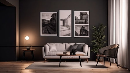 Concept illustration of a modern living room with a picture frame on the wall. Generative AIの素材