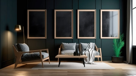 Concept illustration of a modern living room with a picture frame on the wall. Generative AIの素材