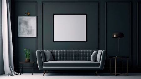 Concept illustration of a modern living room with a picture frame on the wall. Generative AIの素材