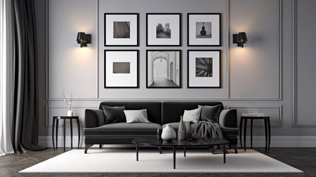 Concept illustration of a modern living room with a picture frame on the wall. Generative AIの素材