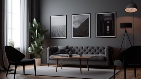 Concept illustration of a modern living room with a picture frame on the wall. Generative AIの素材