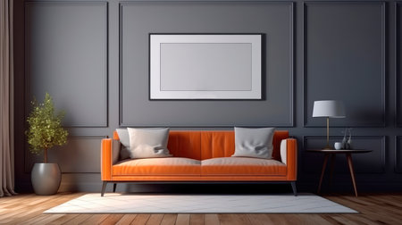 Concept illustration of a modern living room with a picture frame on the wall. Generative AIの素材