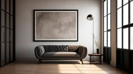 Concept illustration of a modern living room with a picture frame on the wall. Generative AIの素材