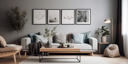 Concept illustration of a modern living room with a picture frame on the wall. Generative AIの素材