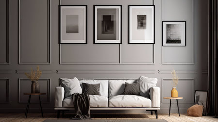 Concept illustration of a modern living room with a picture frame on the wall. Generative AIの素材