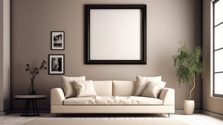 Concept illustration of a modern living room with a picture frame on the wall. Generative AIの素材