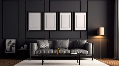Concept illustration of a modern living room with a picture frame on the wall. Generative AIの素材
