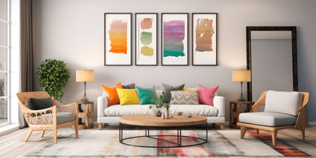 Concept illustration of a modern living room with a picture frame on the wall. Generative AIの素材