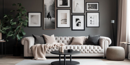 Concept illustration of a modern living room with a picture frame on the wall. Generative AIの素材