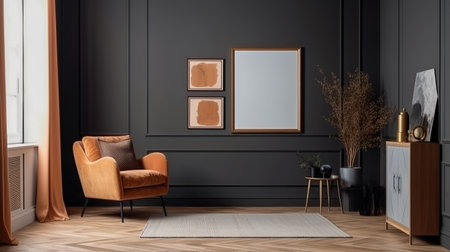 Concept illustration of a modern living room with a picture frame on the wall. Generative AIの素材