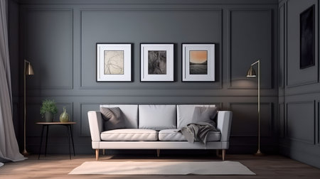 Concept illustration of a modern living room with a picture frame on the wall. Generative AIの素材