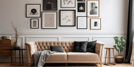 Concept illustration of a modern living room with a picture frame on the wall. Generative AIの素材