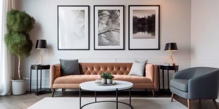 Concept illustration of a modern living room with a picture frame on the wall. Generative AIの素材