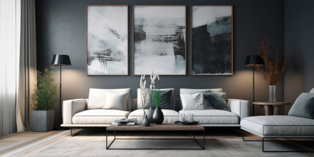 Concept illustration of a modern living room with a picture frame on the wall. Generative AIの素材