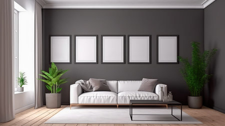 Concept illustration of a modern living room with a picture frame on the wall. Generative AIの素材