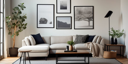Concept illustration of a modern living room with a picture frame on the wall. Generative AIの素材