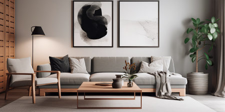 Concept illustration of a modern living room with a picture frame on the wall. Generative AIの素材