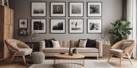 Concept illustration of a modern living room with a picture frame on the wall. Generative AIの素材