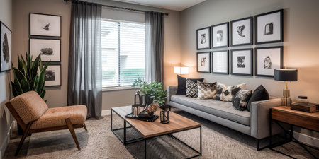 Concept illustration of a modern living room with a picture frame on the wall. Generative AIの素材