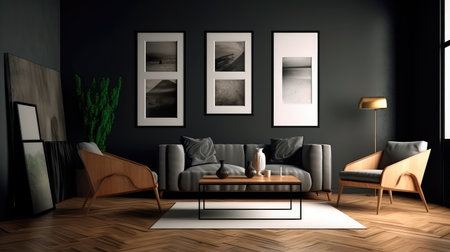 Concept illustration of a modern living room with a picture frame on the wall. Generative AIの素材