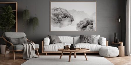 Concept illustration of a modern living room with a picture frame on the wall. Generative AIの素材