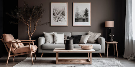 Concept illustration of a modern living room with a picture frame on the wall. Generative AIの素材