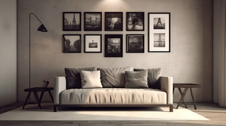 Concept illustration of a modern living room with a picture frame on the wall. Generative AIの素材