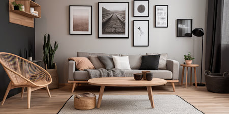 Concept illustration of a modern living room with a picture frame on the wall. Generative AIの素材