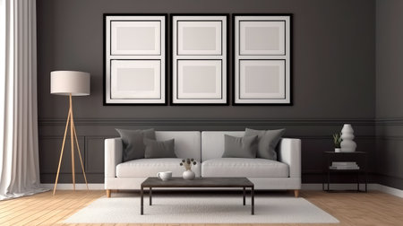 Concept illustration of a modern living room with a picture frame on the wall. Generative AIの素材