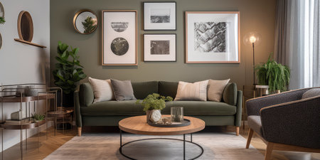 Concept illustration of a modern living room with a picture frame on the wall. Generative AIの素材