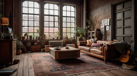 Concept illustration of a rustic living room in an industrial style, filled with vintage decor and cozy textiles. Generative AIの素材