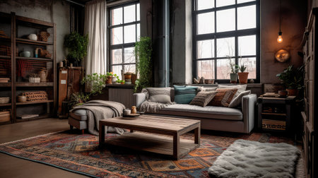 Concept illustration of a rustic living room in an industrial style, filled with vintage decor and cozy textiles. Generative AIの素材