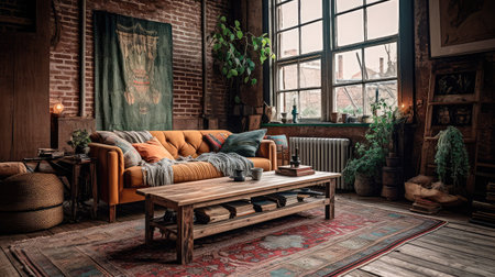 Concept illustration of a rustic living room in an industrial style, filled with vintage decor and cozy textiles. Generative AIの素材