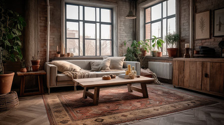 Concept illustration of a rustic living room in an industrial style, filled with vintage decor and cozy textiles. Generative AIの素材
