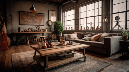 Concept illustration of a rustic living room in an industrial style, filled with vintage decor and cozy textiles. Generative AIの素材