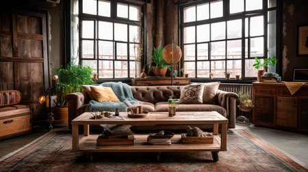 Concept illustration of a rustic living room in an industrial style, filled with vintage decor and cozy textiles. Generative AIの素材