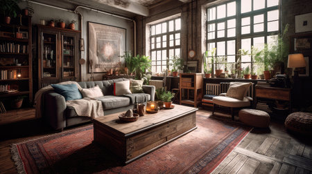 Concept illustration of a rustic living room in an industrial style, filled with vintage decor and cozy textiles. Generative AIの素材