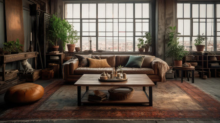 Concept illustration of a rustic living room in an industrial style, filled with vintage decor and cozy textiles. Generative AIの素材