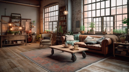Concept illustration of a rustic living room in an industrial style, filled with vintage decor and cozy textiles. Generative AIの素材