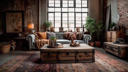 Concept illustration of a rustic living room in an industrial style, filled with vintage decor and cozy textiles. Generative AIの素材