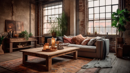 Concept illustration of a rustic living room in an industrial style, filled with vintage decor and cozy textiles. Generative AIの素材