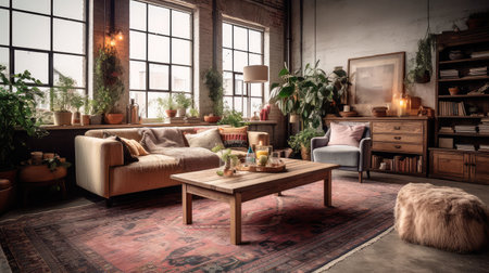 Concept illustration of a rustic living room in an industrial style, filled with vintage decor and cozy textiles. Generative AIの素材