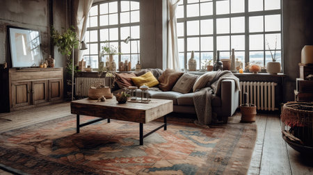 Concept illustration of a rustic living room in an industrial style, filled with vintage decor and cozy textiles. Generative AIの素材